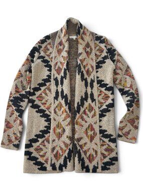 Woven Heart Aztec Boho Open Front Cardigan Small Beige Multicolor